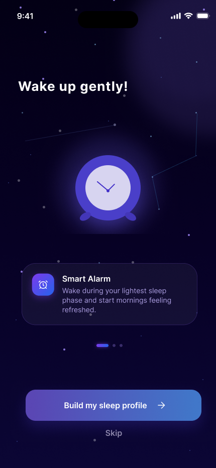 Smart Alarm Screen showing Wake Up Gently interface