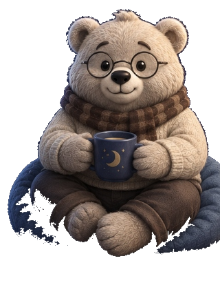 Sleep Paralysis Companion bear holding a warm mug while reviewing a calm nighttime plan