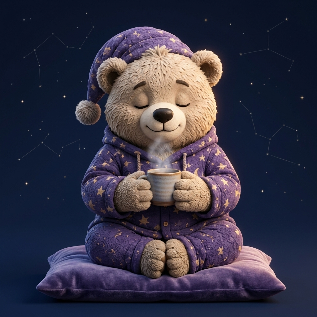 Bear mascot reading a calm sleep plan