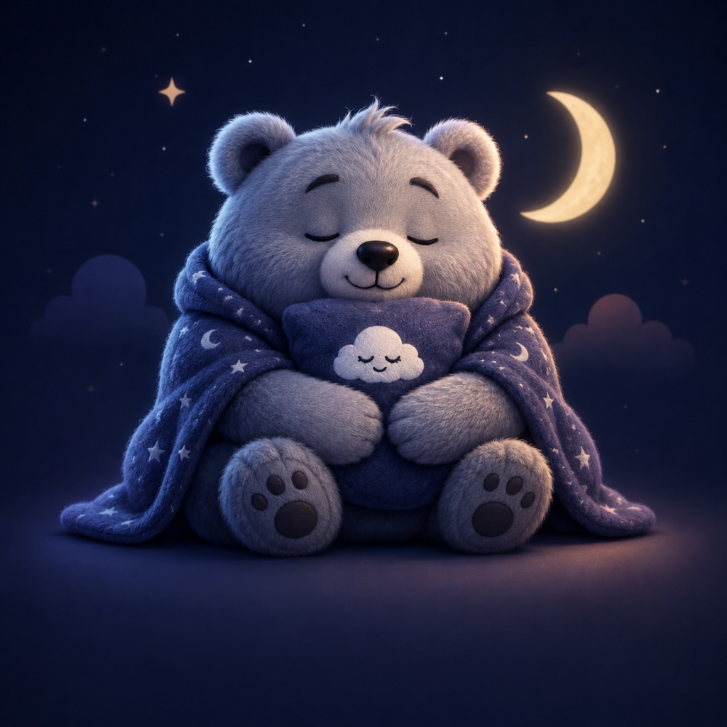 Cozy sleeping bear companion under a starry sky