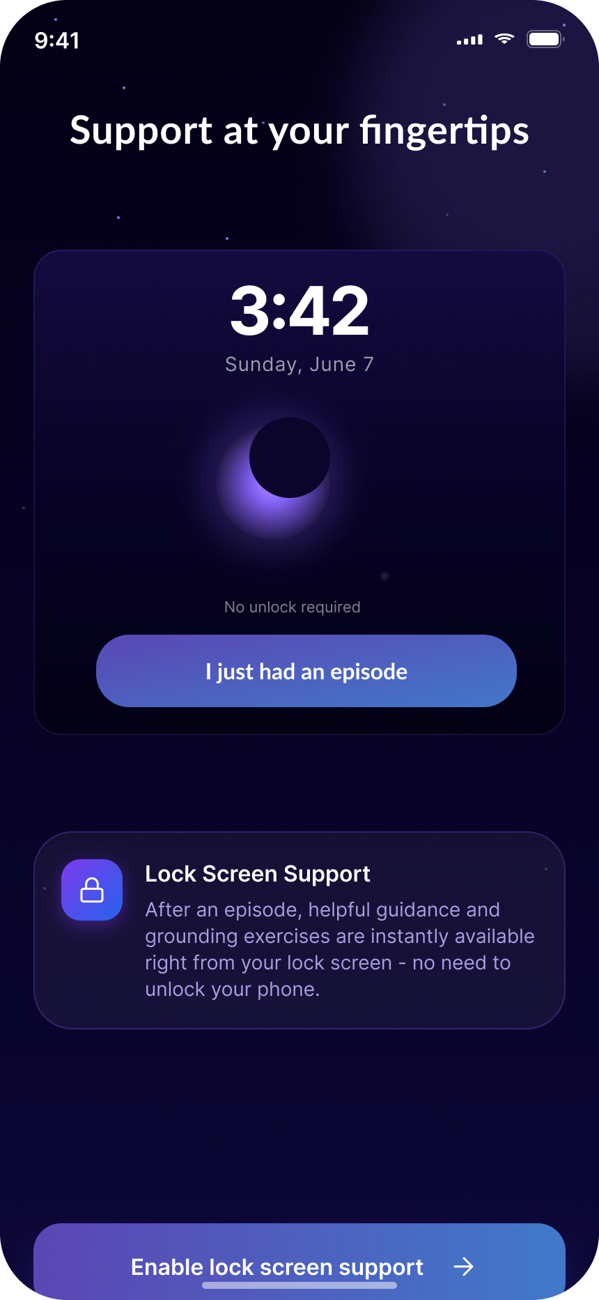 Lock Screen Support feature showing instant episode grounding widget
