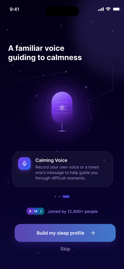 Calming Voice interface featuring custom recording guiding to calmness